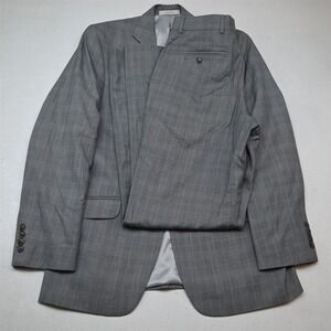 Perry Ellis 36R 30x32 Gray Windowpane Check Mens Jacket Pants Suit